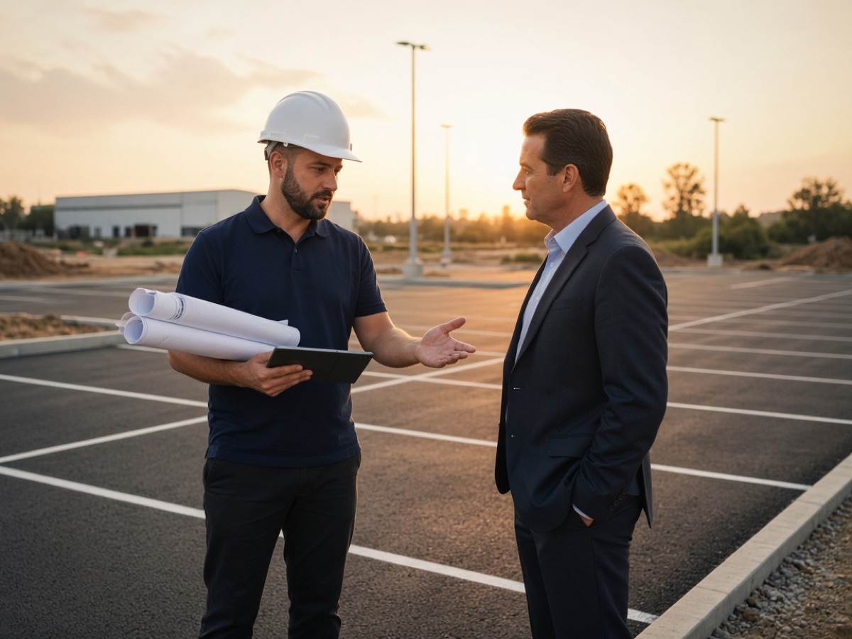 Project manager reviewing pavement plans with a client on site