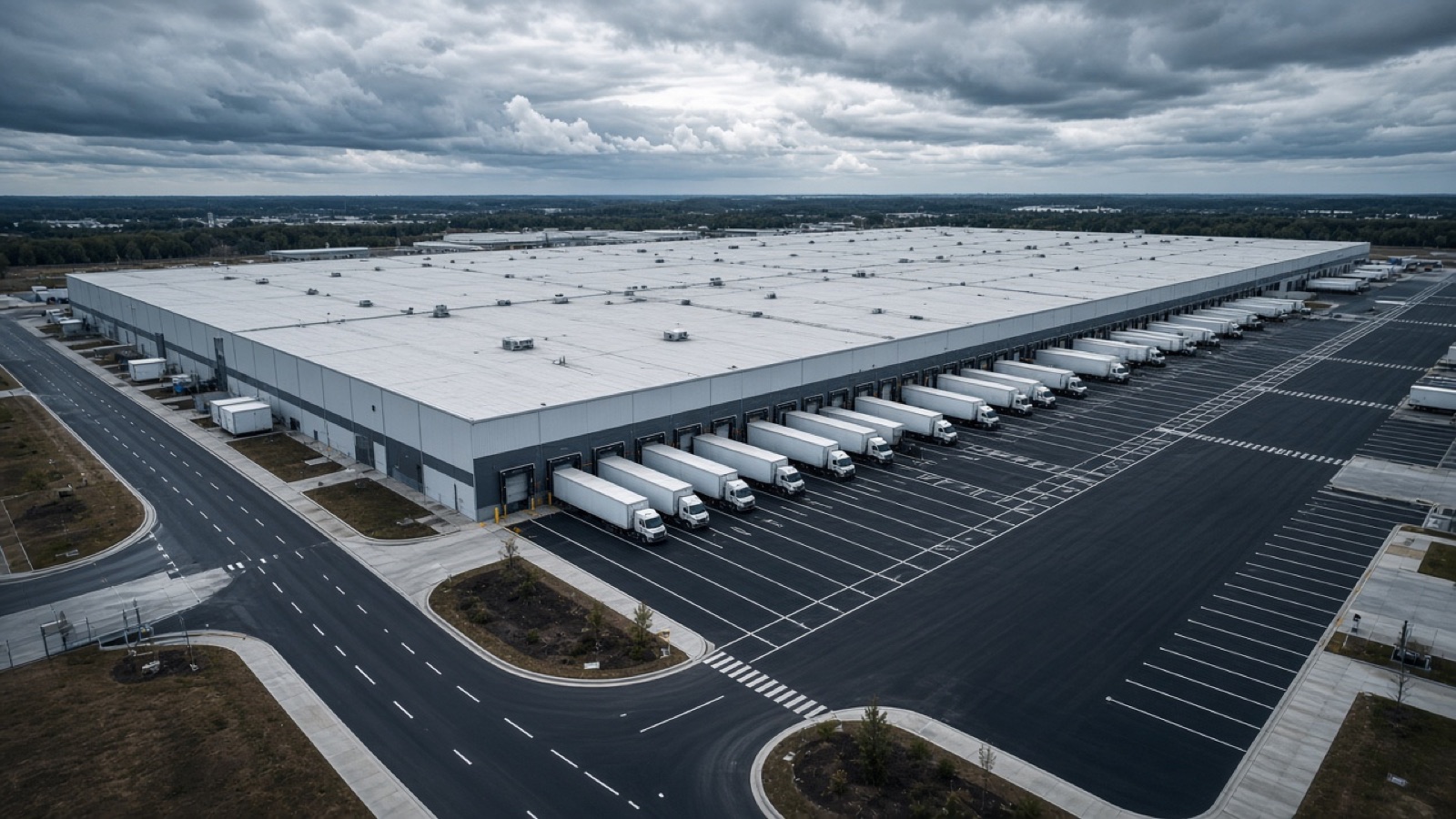 Aerial view of a large distribution center with newly paved truck courts